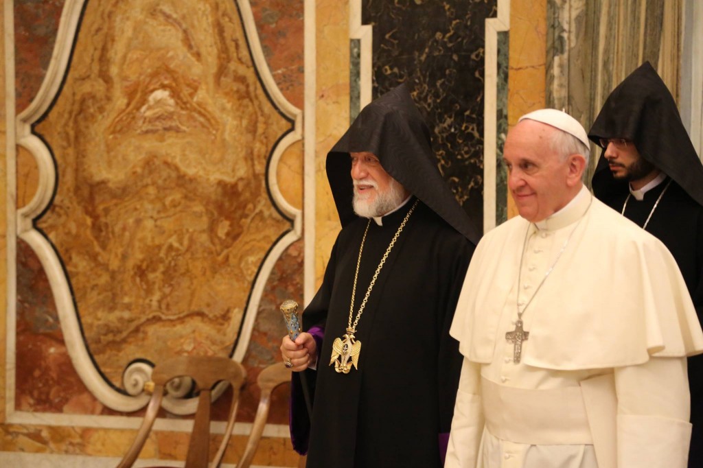 His Holiness Pope Francis and His Holiness Aram I meet in the presence of the Armenian delegation accompanying the Catholicos